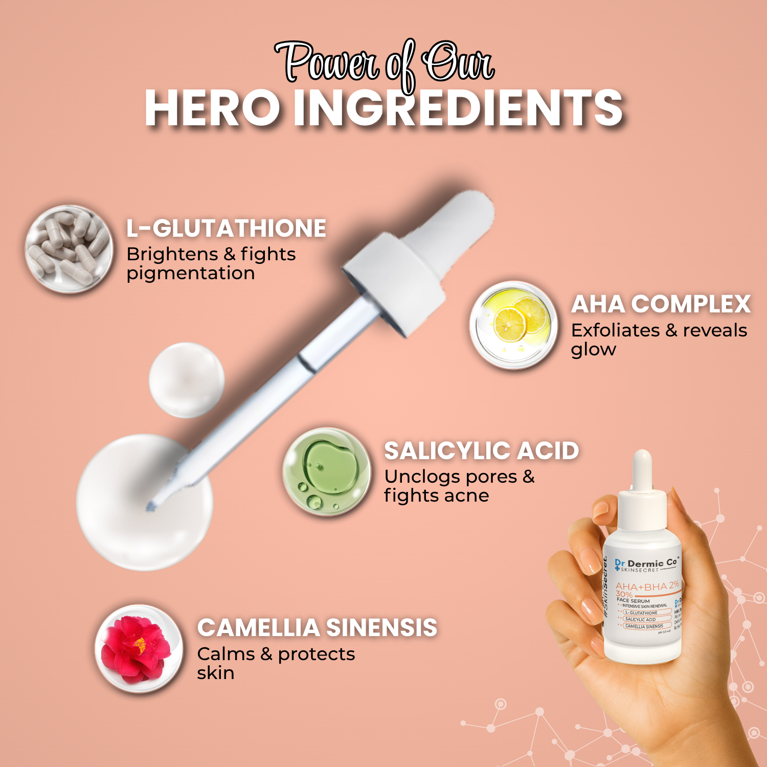 30% AHA + 2% BHA Face Serum with L-Glutathione, Salicylic Acid & Camellia Sinensis - Image 4