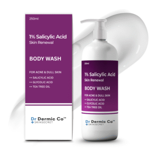 1% Salicylic Acid Body Wash for acne and dull skin. Key actives are salycylic acid, glycolic acid, tea tree oil