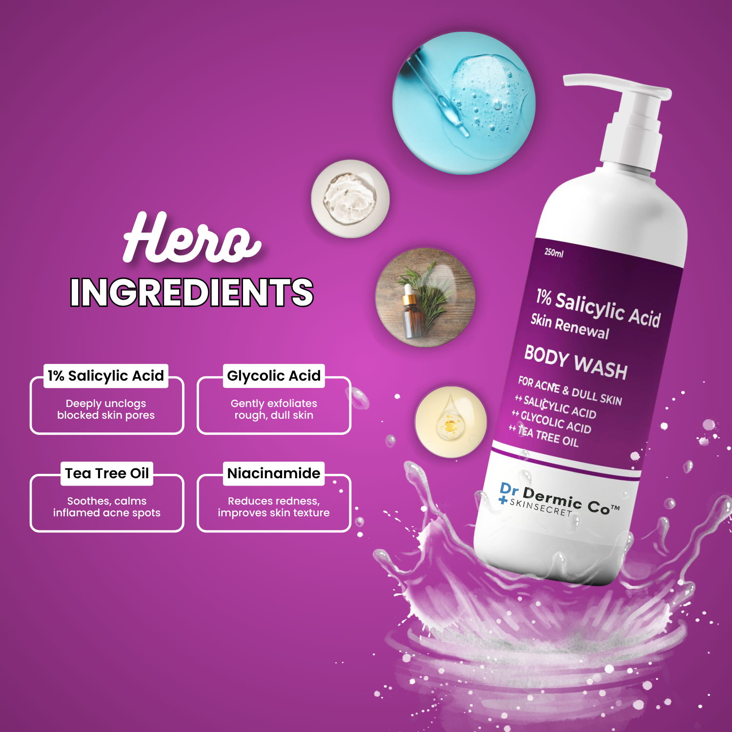 1% Salicylic Acid Body Wash for acne and dull skin. Key actives are salycylic acid, glycolic acid, tea tree oil - Image 4